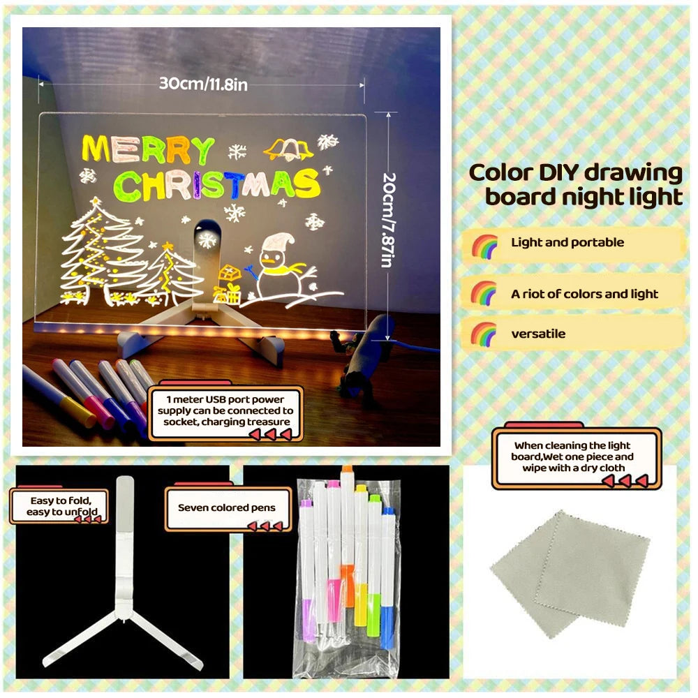 GlowBoard™ LED Message & Drawing Board – 7 Pens + Night Light