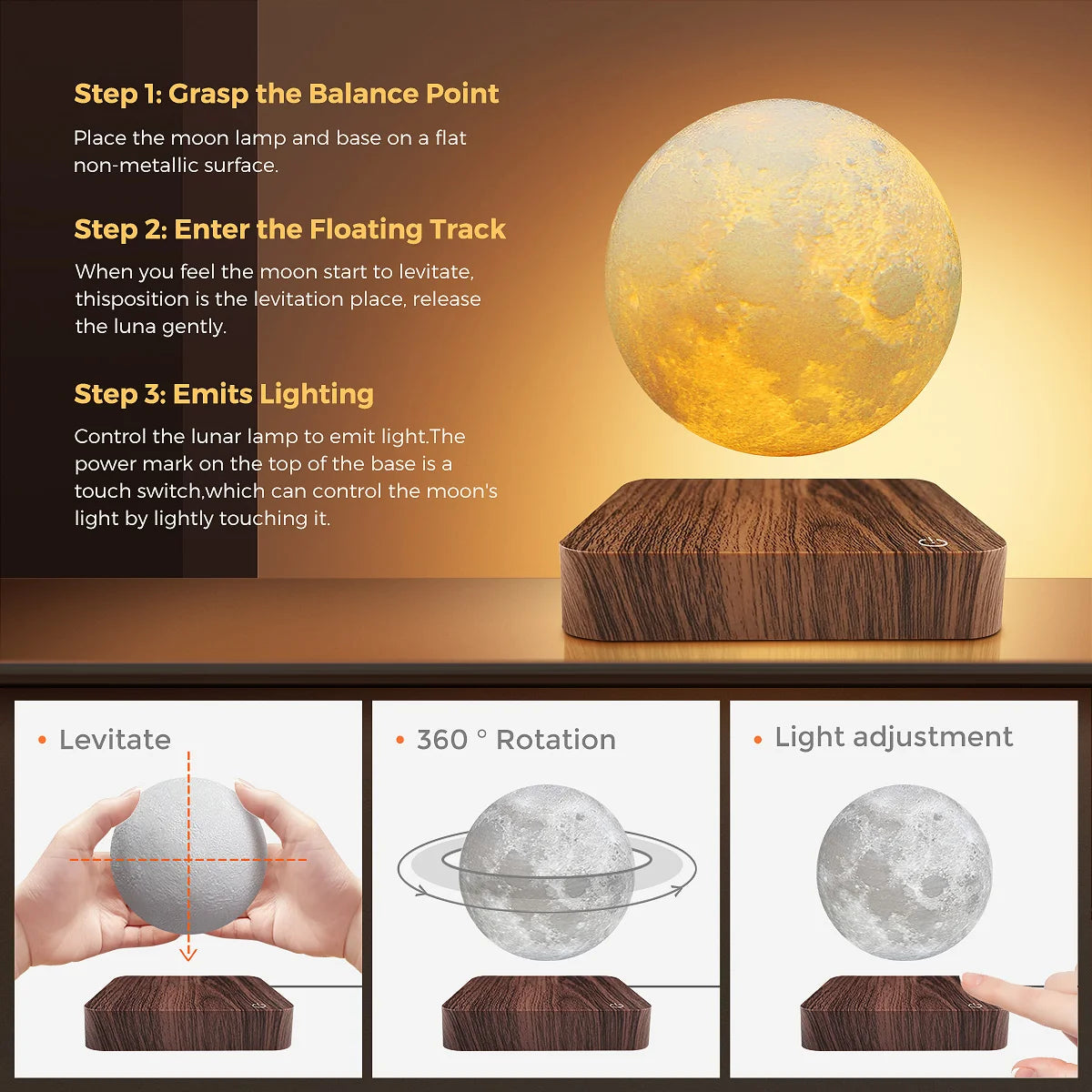 LunaFloat™ – Levitating 3D Moon Lamp with Touch Control & 3 Color Modes