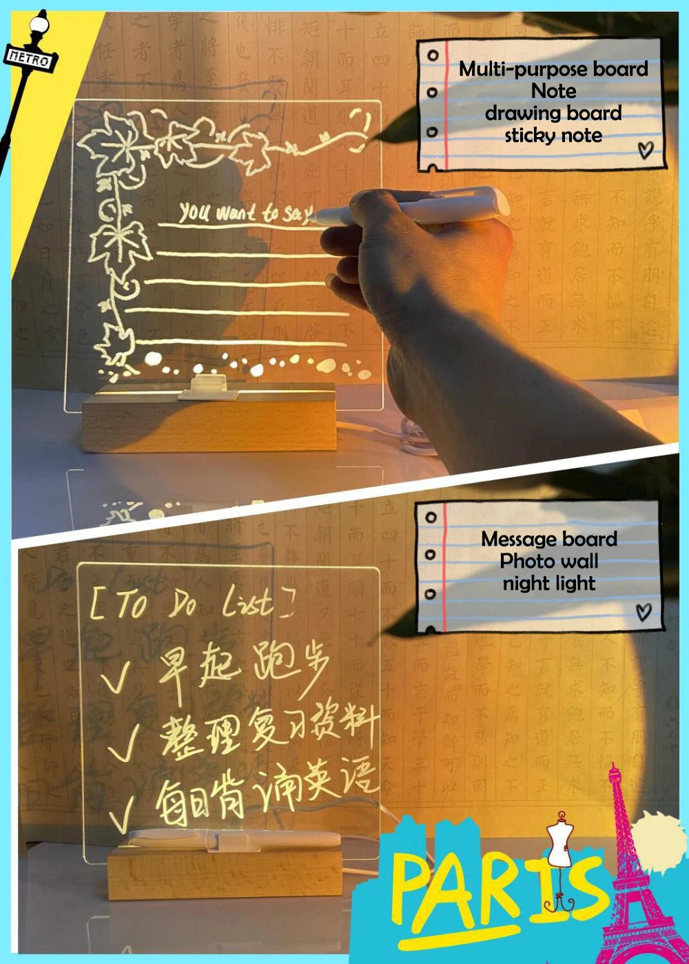GlowBoard™ LED Message & Drawing Board – 7 Pens + Night Light