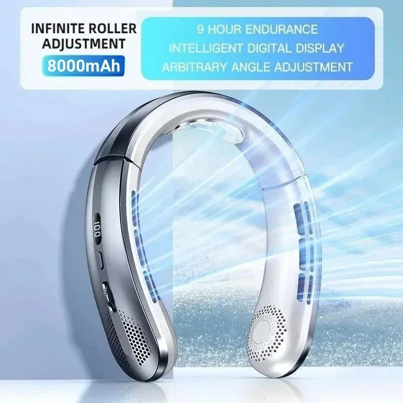 BreezyFlow™ 8000mAh Neck Fan – Hands-Free, Bladeless, Rechargeable Cooling